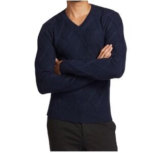 Saks Fifth Avenue Men's Navy Blue V-Neck Diamond Pattern Wool Sweater S/P